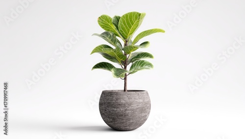 A small, healthy fiddle-leaf fig in a textured gray pot