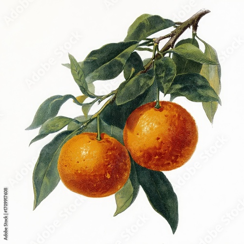 Two oranges on a branch with leaves