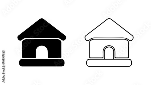 Dog House Icon Set Black Silhouette and Outline Design.