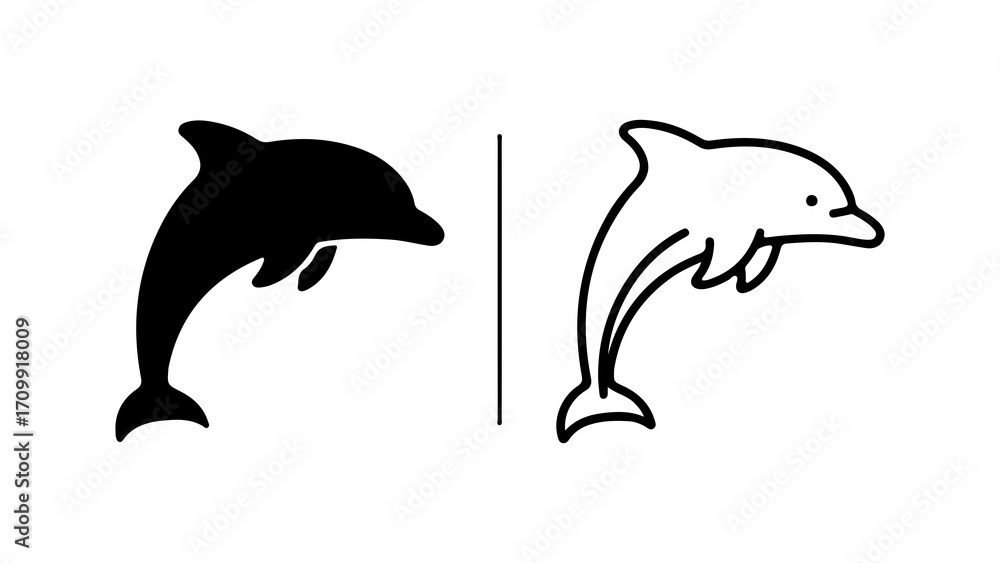 Obraz premium Dolphin Duo Silhouette and Outline Marine Mammal Illustrations.