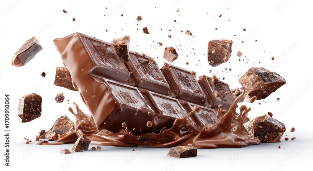 Fototapeta premium Chocolate bar exploding in a cascade of liquid chocolate and broken pieces