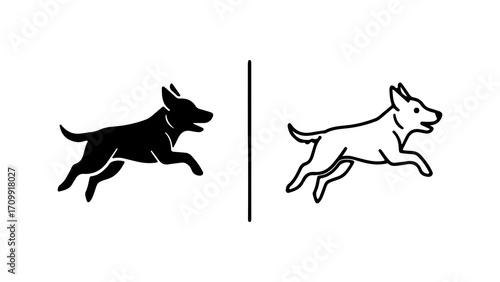 Dual Dog Design Black Silhouette and Outline of a Leaping Canine.