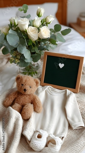 A cozy and elegant flat-lay pregnancy announcement featuring a teddy bear, knitted booties, and a letter board with a white heart