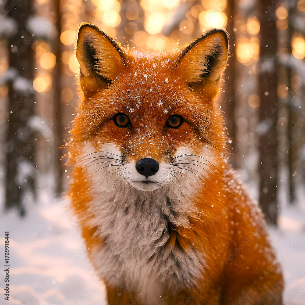 Obraz premium A majestic portrait of a wild red fox in a serene snowy forest during a beautiful golden hour sunset with soft bokeh