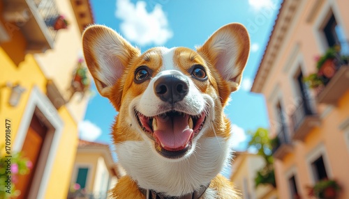 Happy Corgi dog with a big smile enjoying a sunny day in a charming town