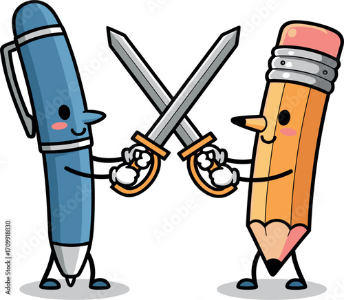 Cartoon pen and pencil characters dueling with swords