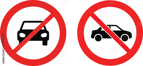 Set of No Car Allowed Signs with Front and Side Vehicle Views