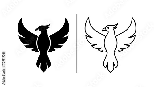 Elegant Phoenix Bird Illustrations Black Silhouette and Outline Design.