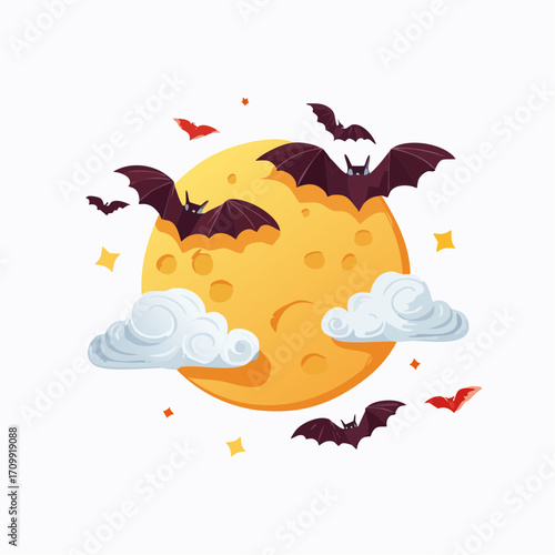 Eerie nocturnal flight of bats across a glowing yellow full moon on Halloween night
