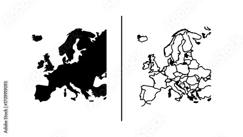 Europe Map Comparison Solid Silhouette vs Outlined Country Borders.