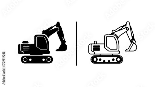 Excavator heavy machinery icon set in silhouette and outline style.