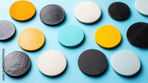Colorful Round Coasters on Light Blue Background: Modern, Minimalist Design with Textured Surfaces