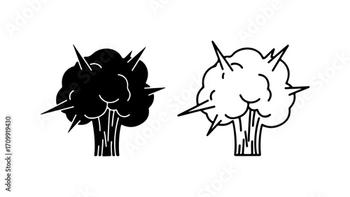 Explosion cloud icon set in solid and outline styles.