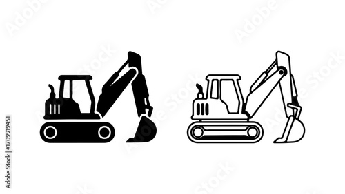 Excavator Icons Construction Vehicle Illustrations in Black and White.