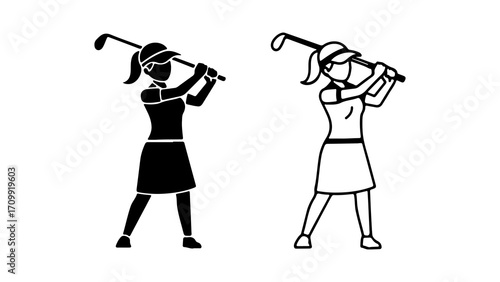 Female Golfer Swinging Club Silhouette and Outline.