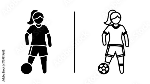 Female Soccer Player Icon Set Silhouette and Outline Versions.