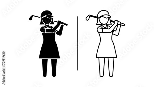 Female golfer icon black and line art styles.