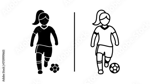 Female soccer player icon set in glyph and line style.