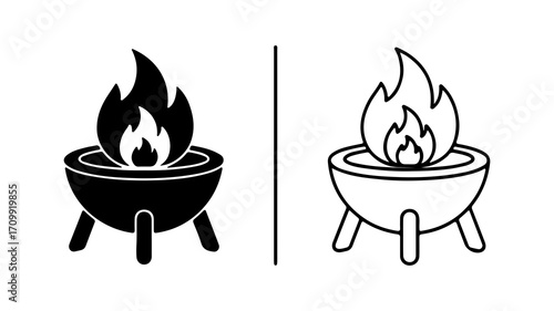 Fire pit with flames solid and outline icons.