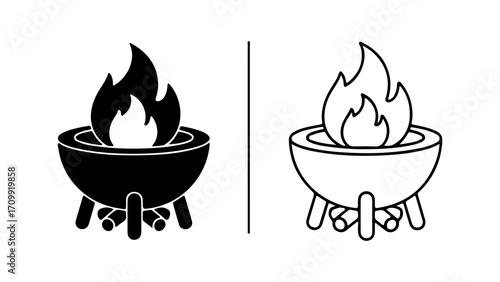 Fire Pit Icons Black and White Line Art.