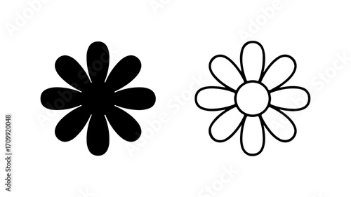 Floral Duo Black Silhouette and Outline of DaisyLike Flowers.