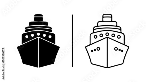 Front View of a Cruise Ship in Silhouette and Outline Style.