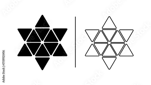 Geometric Star of David made from triangles solid and outline versions.