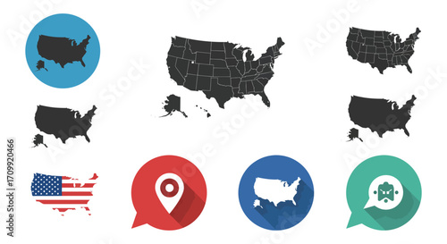United states map icons and american flag illustration set design