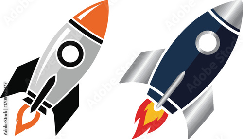 Two Stylized Rockets Launching with Flames on a White Background