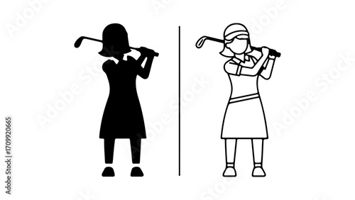 Golfer in action silhouette and outline illustration ready to swing.