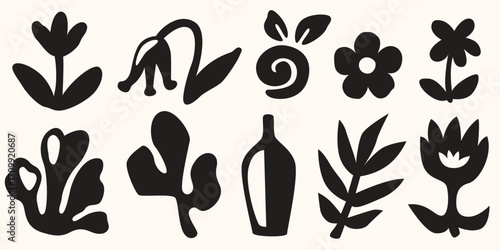Abstract floral design elements set isolated on white background. Vector illustration of black leaves and flowers cutout, retro botanical silhouettes for vintage poster, bohemian organic art shapes