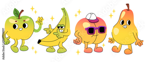Groovy fruit mascots set isolated on white background. Vector cartoon illustration of cute apple, banana, peach, pear characters smiling, wearing sunglasses, walking, dancing, funny retro emoji
