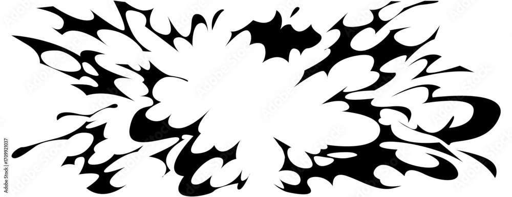 Fototapeta premium Dynamic anime comic burst with black explosive splash and radiating impact lines for manga action scenes. Bold silhouette with sharp edges and flowing smoke effect for battle moment or dramatic panel.