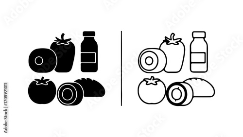 Grocery food items icon set in glyph and outline style.