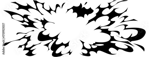 Dynamic anime comic burst with black explosive splash and radiating impact lines for manga action scenes. Bold silhouette with sharp edges and flowing smoke effect for battle moment or dramatic panel.