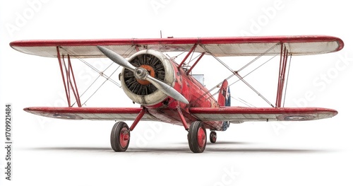 Vintage red biplane, front view