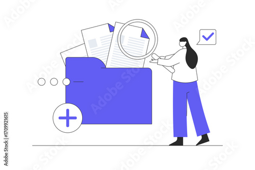 Worker add files to big folder. Storage and indexing of information. Woman holds magnifying glass. User and data archive. Database, searching info. Flat Cartoon Vector Illustration, icon Stylish web