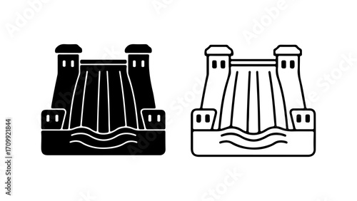 Hydroelectric dam vector icons in glyph and outline styles.