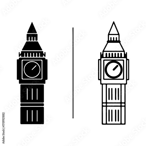 Iconic London Clock Tower Detailed Illustration Black and White Silhouette Architectural Design Simple Line Art.