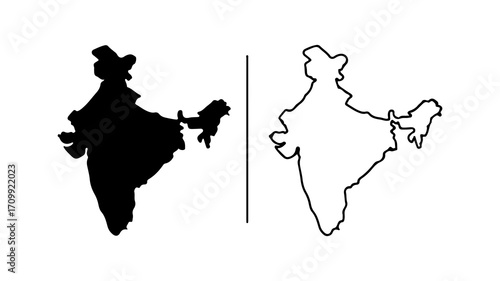 India map silhouette black and white outline graphic design.