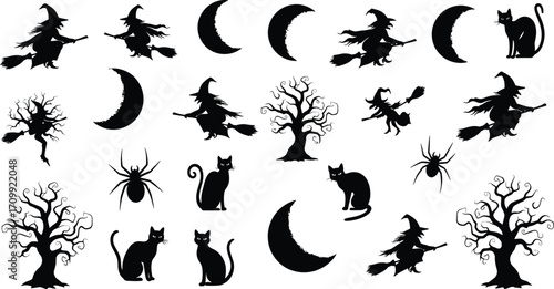 Collection of halloween silhouettes featuring witches, moons, spiders, cats, and trees for spooky designs