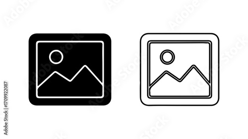 Image icon with mountains and sun in solid and outline styles.