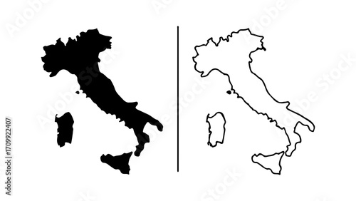 Italy map silhouette black and white outline isolated on white background.