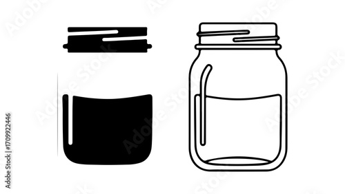 Jar illustration with lid and liquid inside black and white design.