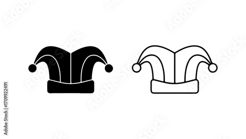 Jester hat icon set in solid and outline styles.