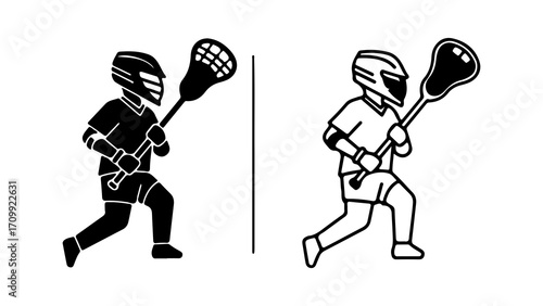 Lacrosse player athlete running with stick icon set.