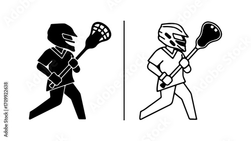 Lacrosse player running with stick silhouette and outline.