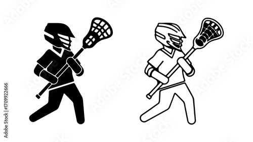 Lacrosse Player Silhouette and Outline Icon Set.