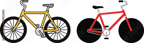 Stylized Illustration of Two Bicycles, Yellow Spoked and Red Solid Wheel