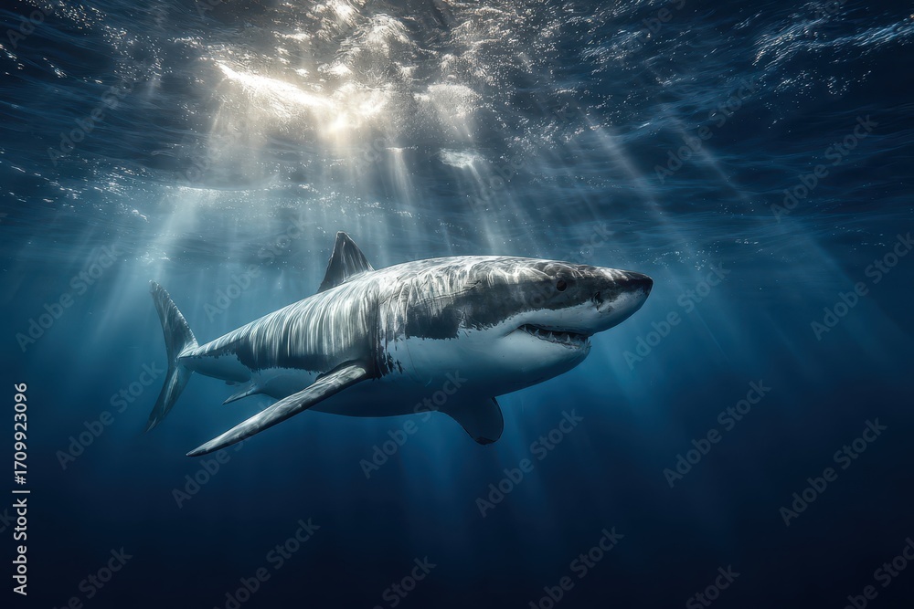 Naklejka premium Great white shark glides gracefully through the clear blue waters of the Pacific Ocean, showcasing its powerful presence in a serene underwater environment during daylight